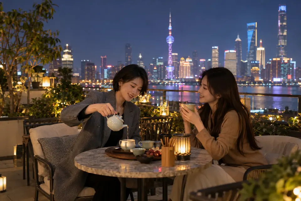 上海屋顶露台夜茶交流场景，朋友倒茶交谈